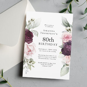 Invitation Bourgogne et rose Floral Elégant 80e anniversaire