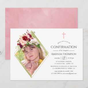 Invitation Bourgogne et rose géométrique de confirmation