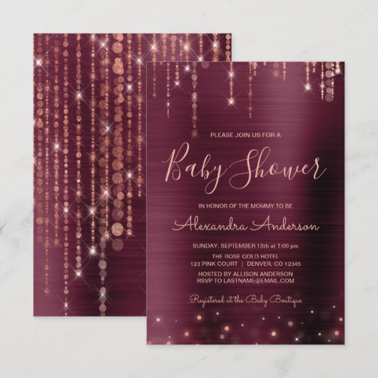 Invitation Bourgogne et Rose Gold Baby shower Party (Devant / Derrière)