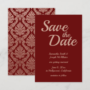 Invitation Bourgogne et Rose Gold Damassé Enregistrez la Date