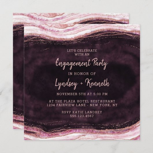 Invitation Bourgogne et Rose Gold Geode Agate (Devant / Derrière)