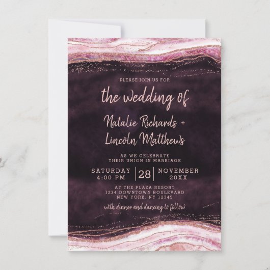 Invitation Bourgogne et Rose Gold Geode Agate Rock Mariage (Devant)
