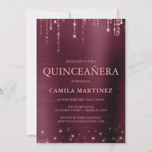 Invitation Bourgogne et Rose Gold Quinceanera Party (Devant)