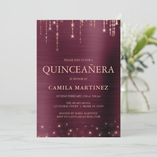 Invitation Bourgogne et Rose Gold Quinceanera Party (Debout devant)