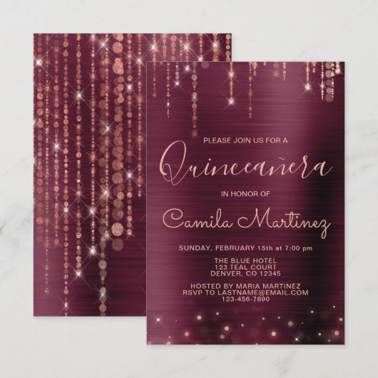 Invitation Bourgogne et Rose Gold Quinceanera Party (Devant / Derrière)