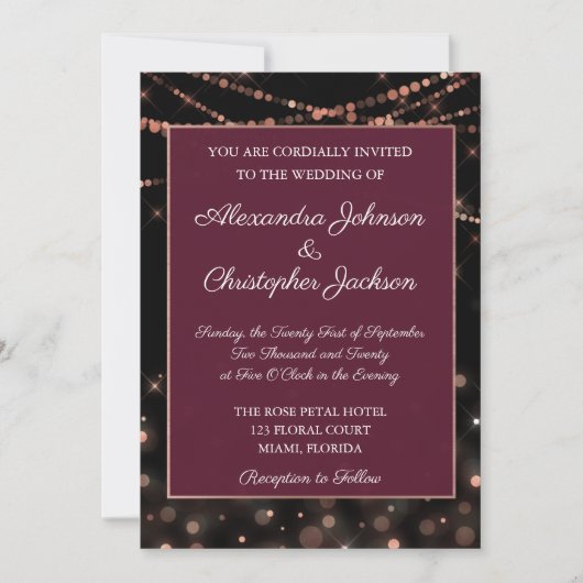 Invitation Bourgogne et Rose Gold String Mariage (Devant)