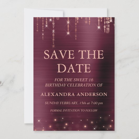 Invitation Bourgogne et Rose Gold Sweet 16 Enregistrer la dat (Devant)