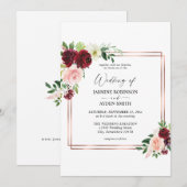 Invitation Bourgogne et rose pâle 4 Floral & Gold Frame Maria (Devant / Derrière)