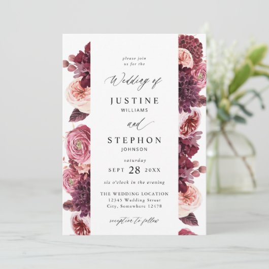 Invitation Bourgogne et rose pâle 8B Mariage 2 (Debout devant)