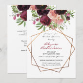 Invitation Bourgogne et rose pâle, Fête des mariées florale e (Devant / Derrière)