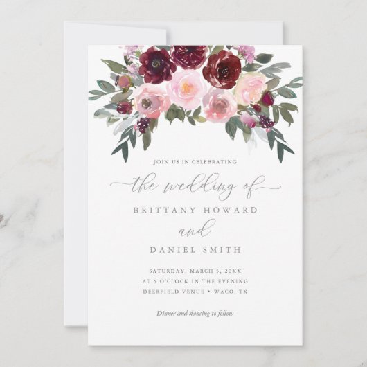 Invitation Bourgogne et rose rose Mariage (Devant)