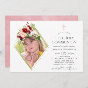 Invitation Bourgogne et rousse Première communion sainte géom