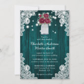 Invitation Bourgogne et Turquoise dentelle de bois Mariage Fl (Devant)