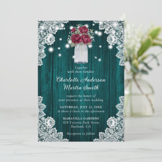 Invitation Bourgogne et Turquoise dentelle de bois Mariage Fl (Debout devant)