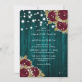 Invitation Bourgogne et Turquoise Lumières bois Mariage flora (Devant)