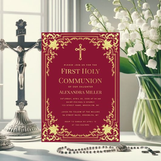 Invitation Bourgogne Faux Gold Vintage Girl First Communion