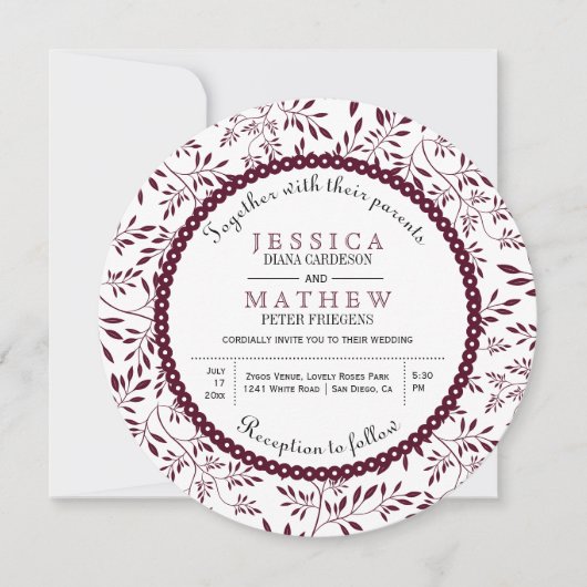 Invitation Bourgogne feuille motif moderne mariage (Devant)