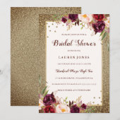 Invitation Bourgogne fleurie Sparkle Gold Fête des mariées (Devant / Derrière)