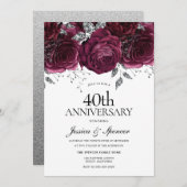Invitation Bourgogne & Fleurs Argent 40e Anniversaire de Mari (Devant / Derrière)