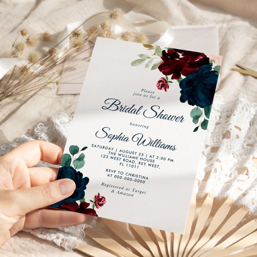 Invitation Bourgogne & Fleurs de marine Fête des mariées en b