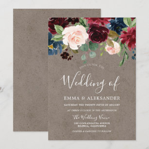 Invitation Bourgogne Fleurs de Vins Rouges Moderne Mariage In