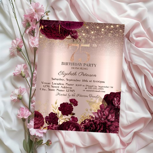 Invitation Bourgogne Fleurs Parties scintillant Rose Or 75e a