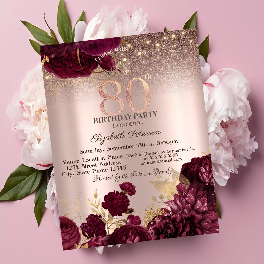 Invitation Bourgogne Fleurs Parties scintillant Rose or 80e a