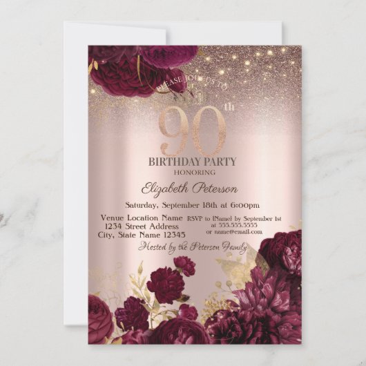 Invitation Bourgogne Fleurs Parties scintillant Rose or 90e a (Devant)