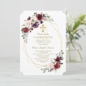 Invitation Bourgogne Fleurs Rouges Or Frame Sainte Communion (Debout devant)