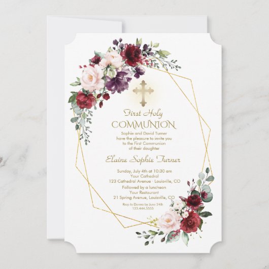 Invitation Bourgogne Fleurs Rouges Or Frame Sainte Communion (Devant)