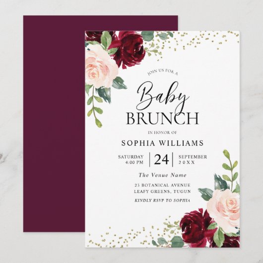 Invitation Bourgogne & Fleurs rousses Baby shower Brunch (Devant / Derrière)