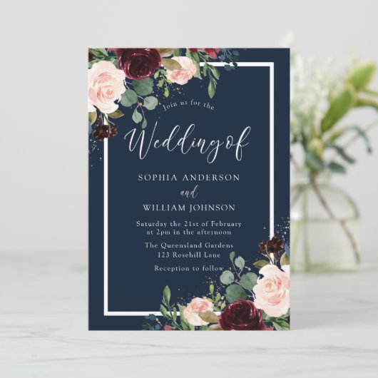 Invitation Bourgogne & Fleurs rousses Mariage (Debout devant)