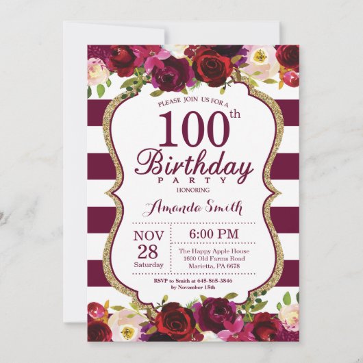 Invitation Bourgogne Floral 100e anniversaire de fête Invitat (Devant)