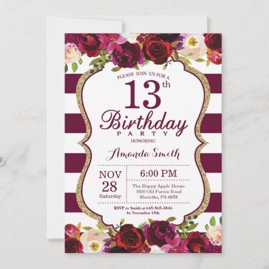 Invitation Bourgogne Floral 13e anniversaire de fête Invitati (Devant)