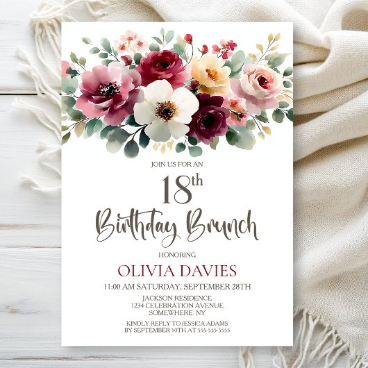Invitation Bourgogne Floral 18e anniversaire Brunch