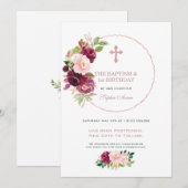 Invitation Bourgogne Floral 1er Anniversaire & Baptême Postpo (Devant / Derrière)