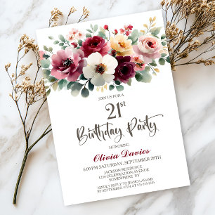 Invitation Bourgogne Floral 21e fête d'anniversaire