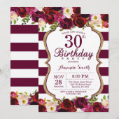 Invitation Bourgogne Floral 30e anniversaire de fête Invitati (Devant / Derrière)