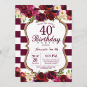 Invitation Bourgogne Floral 40e anniversaire de fête Invitati (Devant / Derrière)