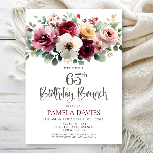 Invitation Bourgogne Floral 65e Anniversaire Brunch
