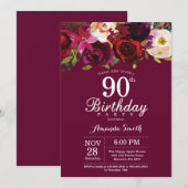 Invitation Bourgogne Floral 90e anniversaire de fête Invitati (Devant / Derrière)