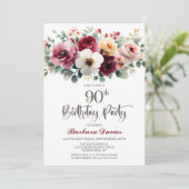 Invitation Bourgogne Floral 90e fête d'anniversaire (Debout devant)