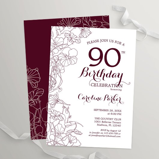 Invitation Bourgogne Floral 90e fête d'anniversaire