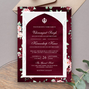 Invitation Bourgogne Floral Anand Karaj Punjabi Sikh Mariage