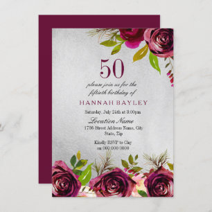 Invitation Bourgogne Floral Argent 50e anniversaire Invitatio