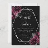 Invitation Bourgogne Floral Argent Cadre noir QR Code Mariage (Devant)