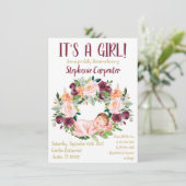 Invitation Bourgogne Floral Baby Girl (Debout devant)