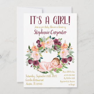 Invitation Bourgogne Floral Baby Girl