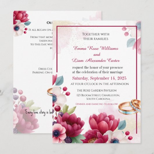 Invitation Bourgogne Floral & Bagues Or Elégant Mariage Invit (Devant / Derrière)