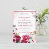 Invitation Bourgogne Floral & Bagues Or Elégant Mariage Invit (Debout devant)